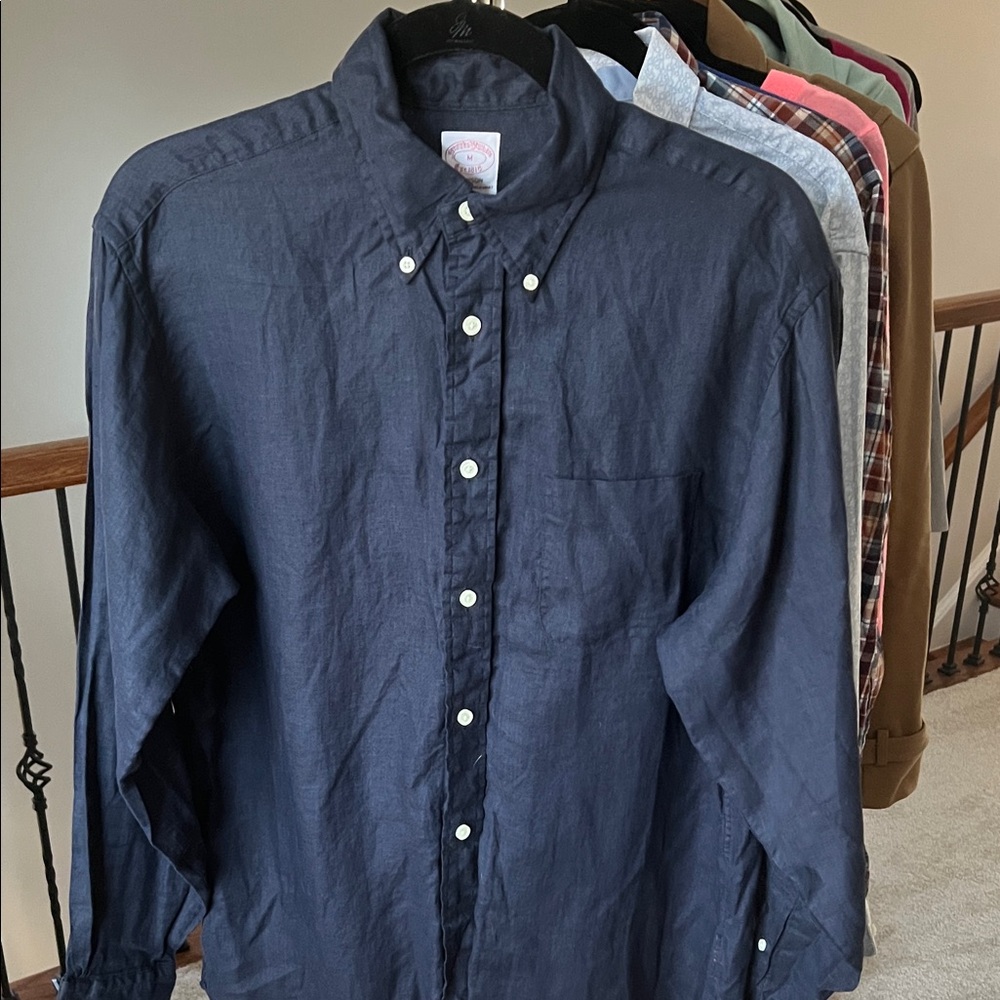 Brooks Brothers Dark Blue Button-Down Linen Shirt: Madison fit